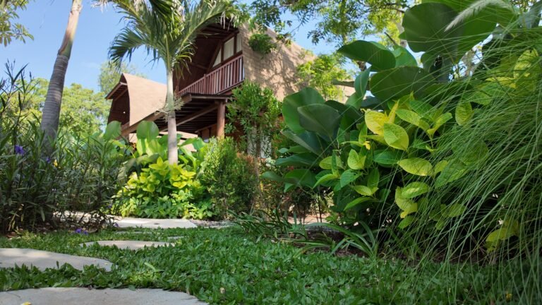 Low angle view from the stone garden path at The Mahaloka, looking through lush greenery towards a lumbung villa.