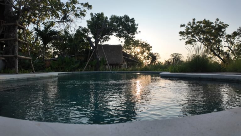 Low angle view across the calm surface of The Mahaloka's shared pool at sunset, reflecting the golden light and surrounding trees.